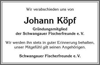Traueranzeige von Johann Köpf von Allgäuer Zeitung, Füssen