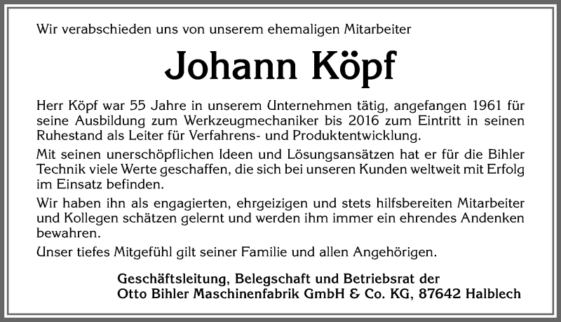  Traueranzeige für Johann Köpf vom 13.06.2020 aus Allgäuer Zeitung, Füssen