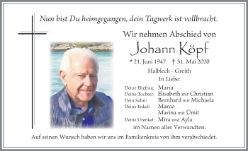 Traueranzeige von Johann Köpf von Allgäuer Zeitung, Füssen