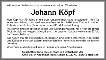 Traueranzeige von Johann Köpf von Allgäuer Zeitung, Füssen