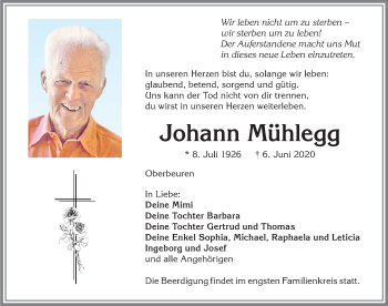 Traueranzeige von Johann Mühlegg von Allgäuer Zeitung, Kaufbeuren/Buchloe