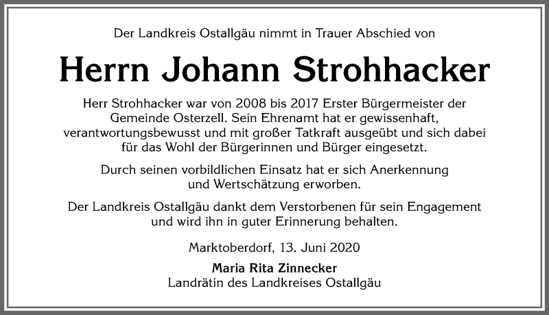  Traueranzeige für Johann Strohhacker vom 13.06.2020 aus Allgäuer Zeitung