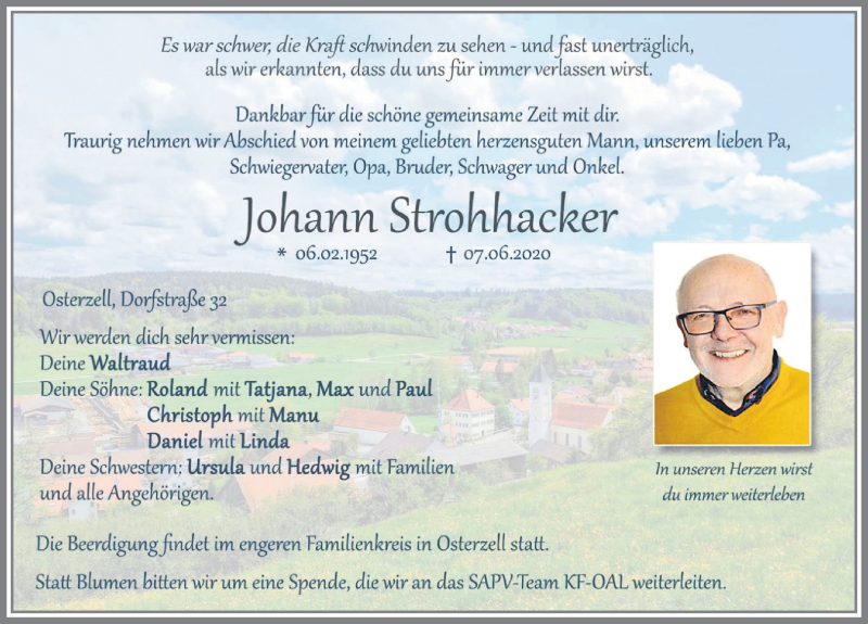  Traueranzeige für Johann Strohhacker vom 10.06.2020 aus Allgäuer Zeitung