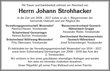 Traueranzeige von Johann Strohhacker von Allgäuer Zeitung, Kaufbeuren/Buchloe