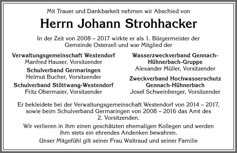  Traueranzeige für Johann Strohhacker vom 12.06.2020 aus Allgäuer Zeitung, Kaufbeuren/Buchloe