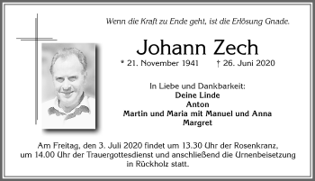 Traueranzeige von Johann Zech von Allgäuer Zeitung, Füssen