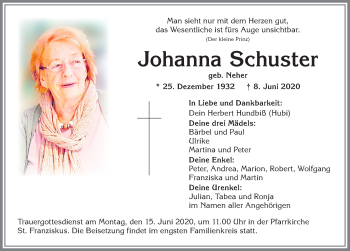 Traueranzeige von Johanna Schuster von Allgäuer Zeitung,Kempten