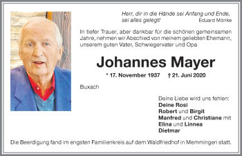 Traueranzeige von Johannes Mayer von Memminger Zeitung