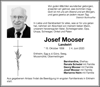 Traueranzeige von Josef Mooser von Memminger Zeitung