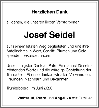 Traueranzeige von Josef Seidel von Memminger Zeitung