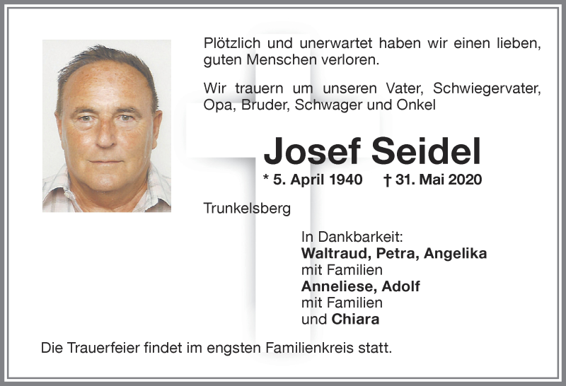  Traueranzeige für Josef Seidel vom 06.06.2020 aus Memminger Zeitung