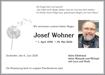 Traueranzeige von Josef Wohner von Allgäuer Anzeigeblatt