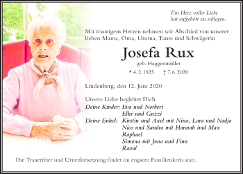 Traueranzeige von Josefa Rux von Der Westallgäuer