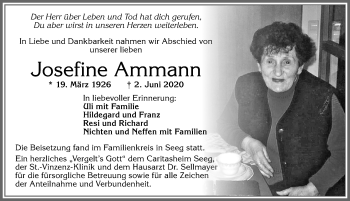 Traueranzeige von Josefine Ammann von Allgäuer Zeitung, Füssen