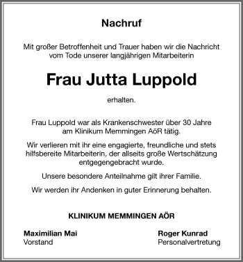 Traueranzeige von Jutta Luppold von Memminger Zeitung