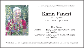 Traueranzeige von Karin Fanczi von Der Westallgäuer
