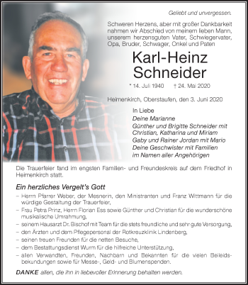 Traueranzeige von Karl-Heinz Schneider von Der Westallgäuer