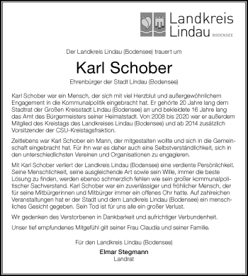 Traueranzeige von Karl Schober von Der Westallgäuer