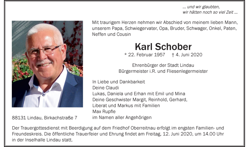 Traueranzeige für Karl Schober vom 06.06.2020 aus Der Westallgäuer