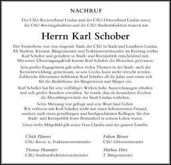Traueranzeige von Karl Schober von Der Westallgäuer