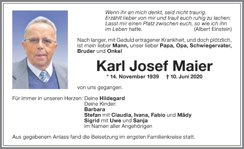  Traueranzeige für Karl Josef Maier vom 20.06.2020 aus Memminger Zeitung