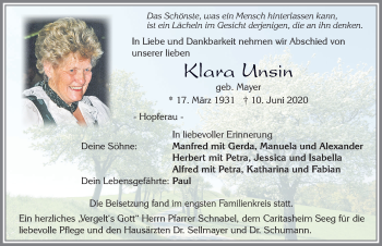 Traueranzeige von Klara Unsin von Allgäuer Zeitung, Füssen