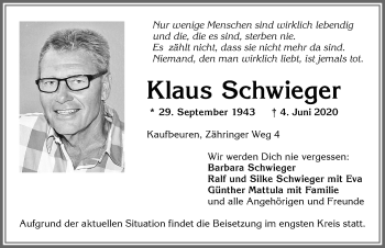 Traueranzeige von Klaus Schwieger von Allgäuer Zeitung, Kaufbeuren/Buchloe