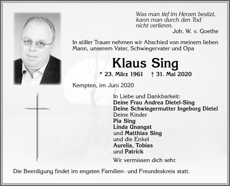  Traueranzeige für Klaus Sing vom 04.06.2020 aus Allgäuer Zeitung,Kempten