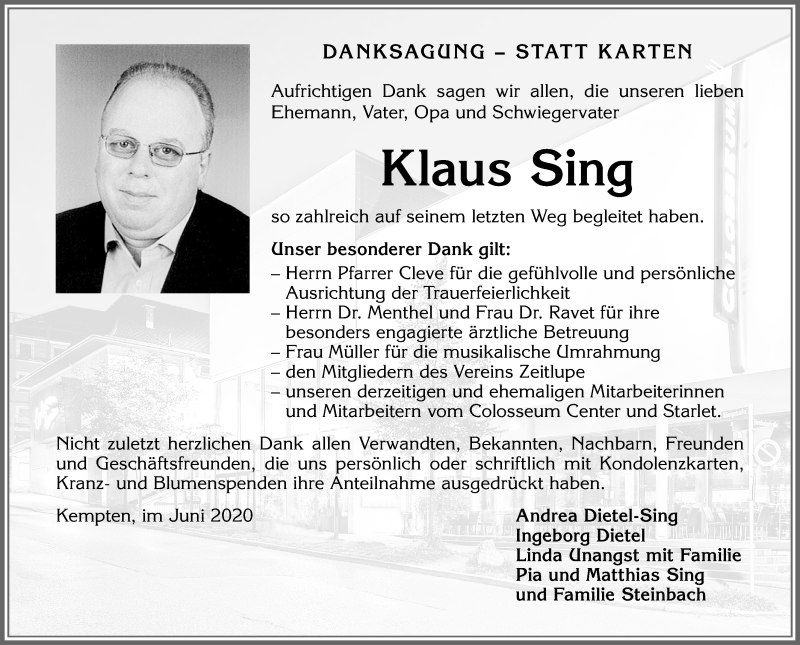  Traueranzeige für Klaus Sing vom 17.06.2020 aus Allgäuer Zeitung,Kempten