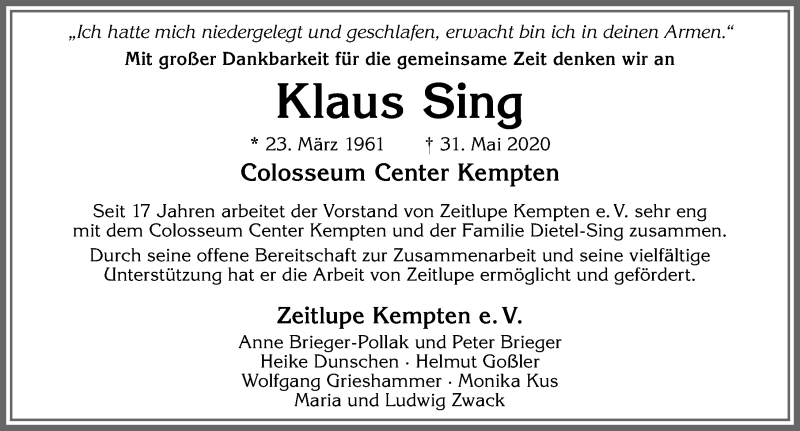  Traueranzeige für Klaus Sing vom 06.06.2020 aus Allgäuer Zeitung,Kempten