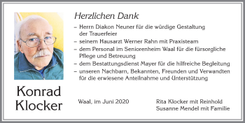 Traueranzeige von Konrad Klocker von Allgäuer Zeitung, Kaufbeuren/Buchloe