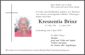 Traueranzeige von Kreszentia Brinz von Der Westallgäuer