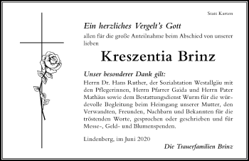 Traueranzeige von Kreszentia Brinz von Der Westallgäuer