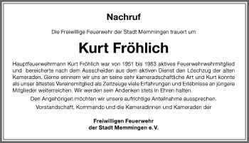 Traueranzeige von Kurt Fröhlich von Memminger Zeitung
