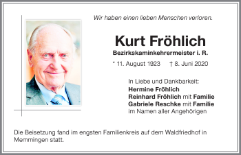 Traueranzeige von Kurt Fröhlich von Memminger Zeitung