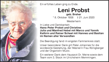 Traueranzeige von Leni Probst von Memminger Zeitung