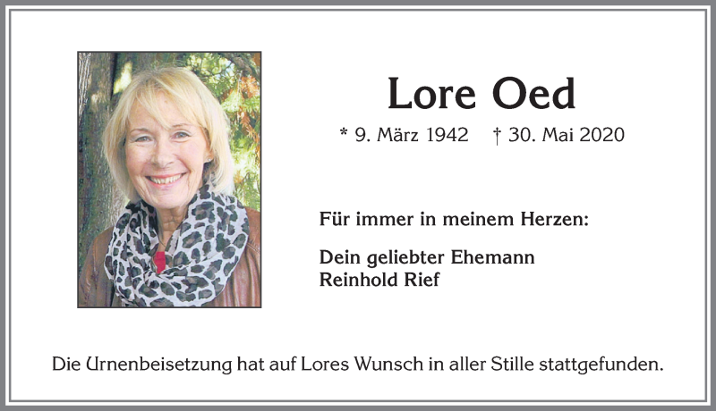  Traueranzeige für Lore Oed vom 06.06.2020 aus Allgäuer Zeitung, Kaufbeuren/Buchloe