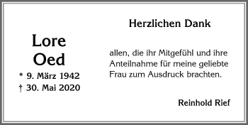 Traueranzeige von Lore Oed von Allgäuer Zeitung, Kaufbeuren/Buchloe