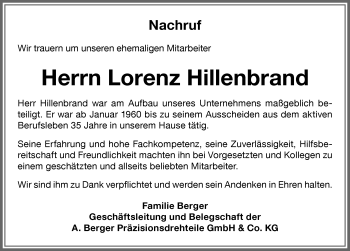 Traueranzeige von Lorenz Hillenbrand von Memminger Zeitung