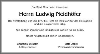 Traueranzeige von Ludwig Neidhöfer von Allgäuer Anzeigeblatt