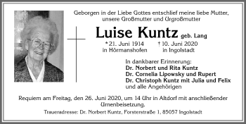 Traueranzeige von Luise Kuntz von Allgäuer Zeitung, Marktoberdorf