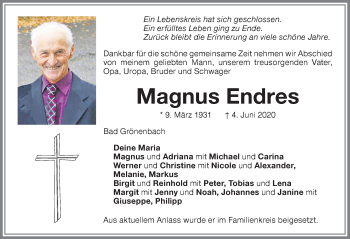 Traueranzeige von Magnus Endres von Memminger Zeitung
