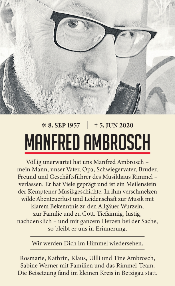  Traueranzeige für Manfred Ambrosch vom 13.06.2020 aus Allgäuer Zeitung, Gesamtausgabe