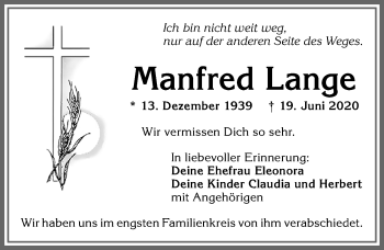 Traueranzeige von Manfred Lange von Allgäuer Zeitung, Kaufbeuren/Buchloe