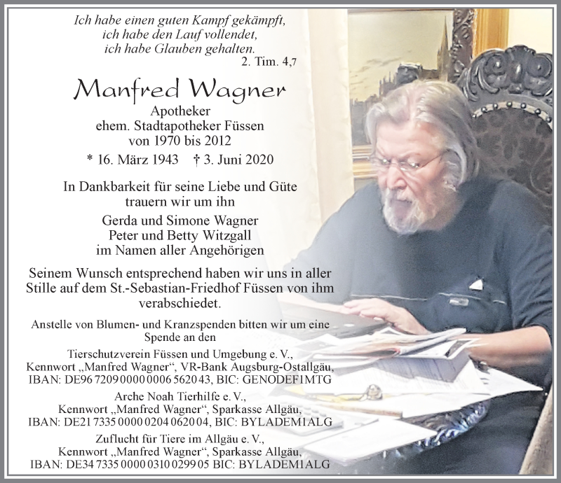  Traueranzeige für Manfred Wagner vom 18.06.2020 aus Allgäuer Zeitung, Füssen
