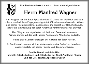 Traueranzeige von Manfred Wagner von Allgäuer Zeitung, Füssen