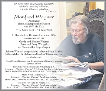 Traueranzeige von Manfred Wagner von Allgäuer Zeitung, Füssen