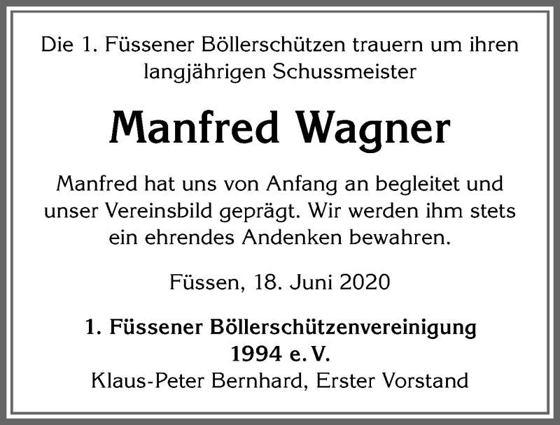  Traueranzeige für Manfred Wagner vom 18.06.2020 aus Allgäuer Zeitung, Füssen