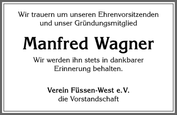 Traueranzeige von Manfred Wagner von Allgäuer Zeitung, Füssen