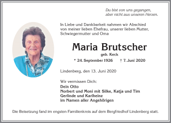 Traueranzeige von Maria Brutscher von Allgäuer Zeitung